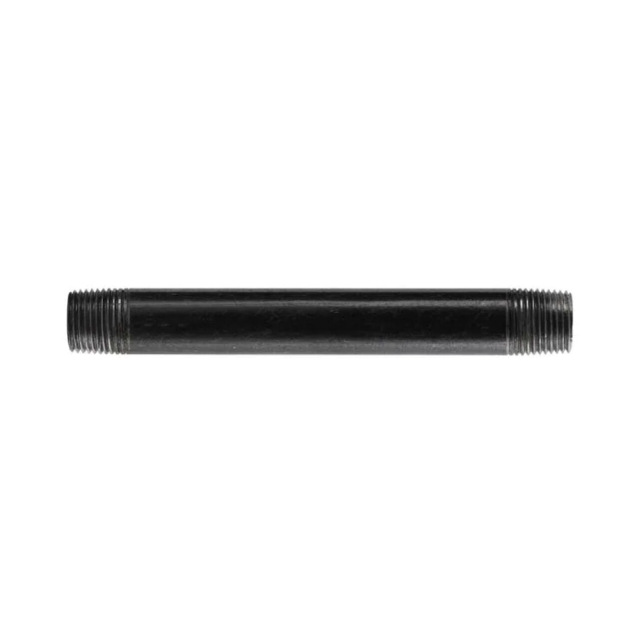The Go Build 1/2 in. x 4 ft. Schedule 40 black steel pipe features threaded ends and is displayed horizontally against a white background.